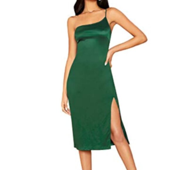 Dresses & Skirts - Elegant One Shoulder Sleeveless Split Hem Satin Party Cocktail Midi Dress Green
